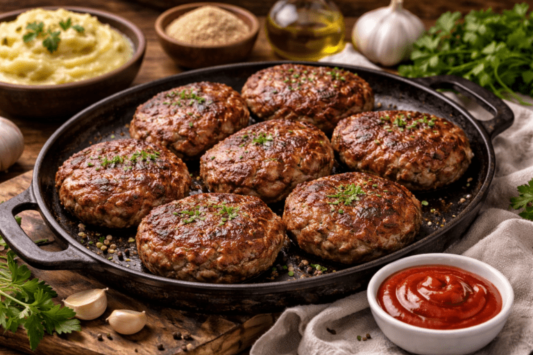 Faširane šnicle od mlevenog mesa pečene u tiganju, servirane uz pire krompir