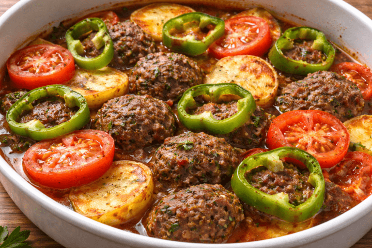 libanska kofta sa krompirom, paradajzom i paprikom iz rerne