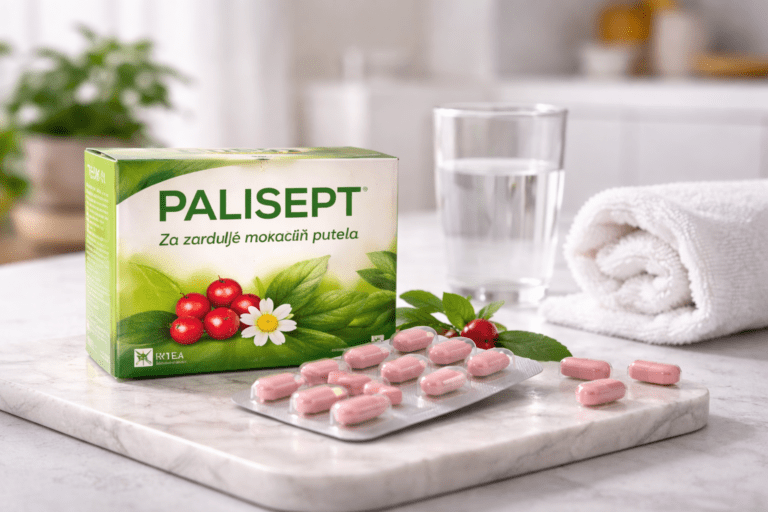 preparat za urinarni trakt kapsule i voda na kupatilskom stolu