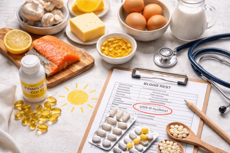 Namirnice i suplementi bogati vitaminom D kao ilustracija simptoma nedostatka vitamina D
