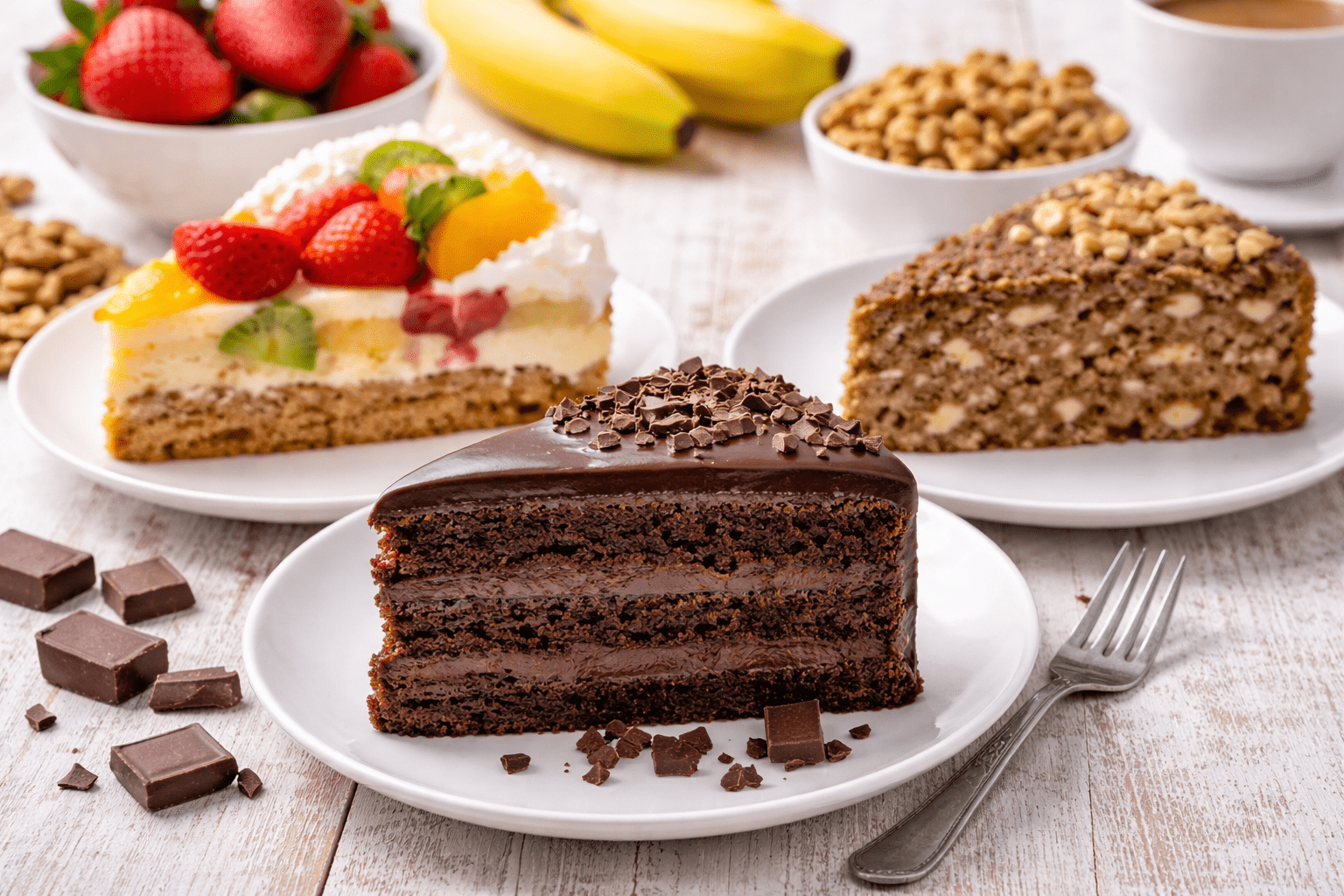 Posne torte – čokoladna, voćna i torta sa orasima na tanjirima