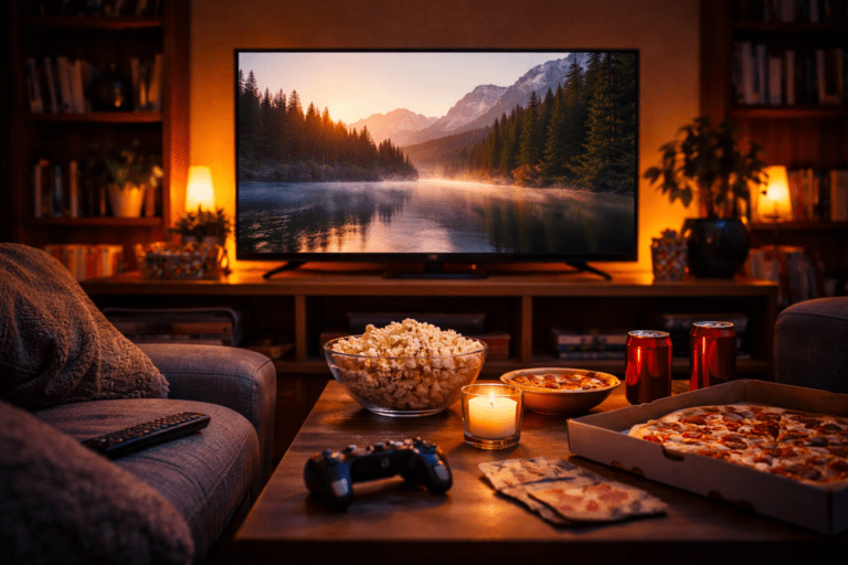 gledanje serije kod kuće uz tv kokice i pizza veče gledanja serija