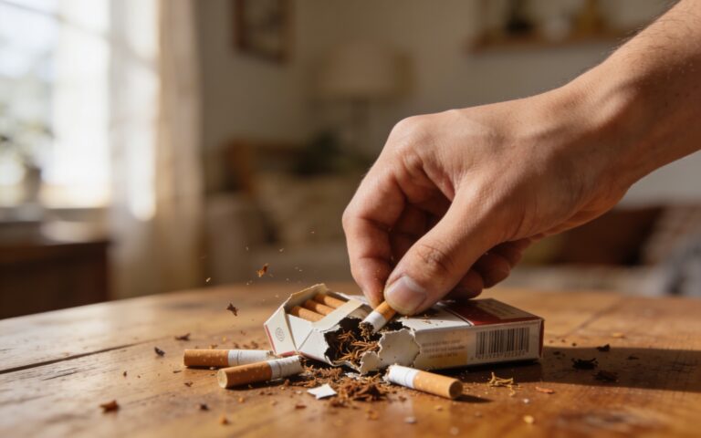Ruka koja gnječi paklicu cigareta na drvenom stolu, oko nje polomljene cigarete i prosut duvan kao simbol odlučne odluke da se prestane sa pušenjem.