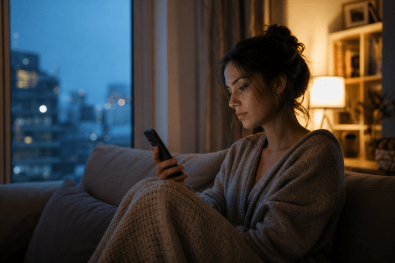 Žena uveče gleda u telefon i čeka poruku u tišini veze