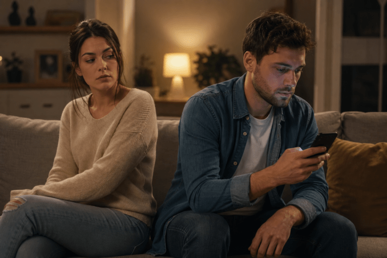 Ljubomora u vezi – žena zabrinuto posmatra partnerov telefon u dnevnoj sobi