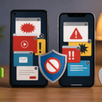 Pametni telefoni sa reklamama na ekranu i zaštitnim štitom koji simbolizuje uklanjanje reklama na Android i iPhone uređajima.