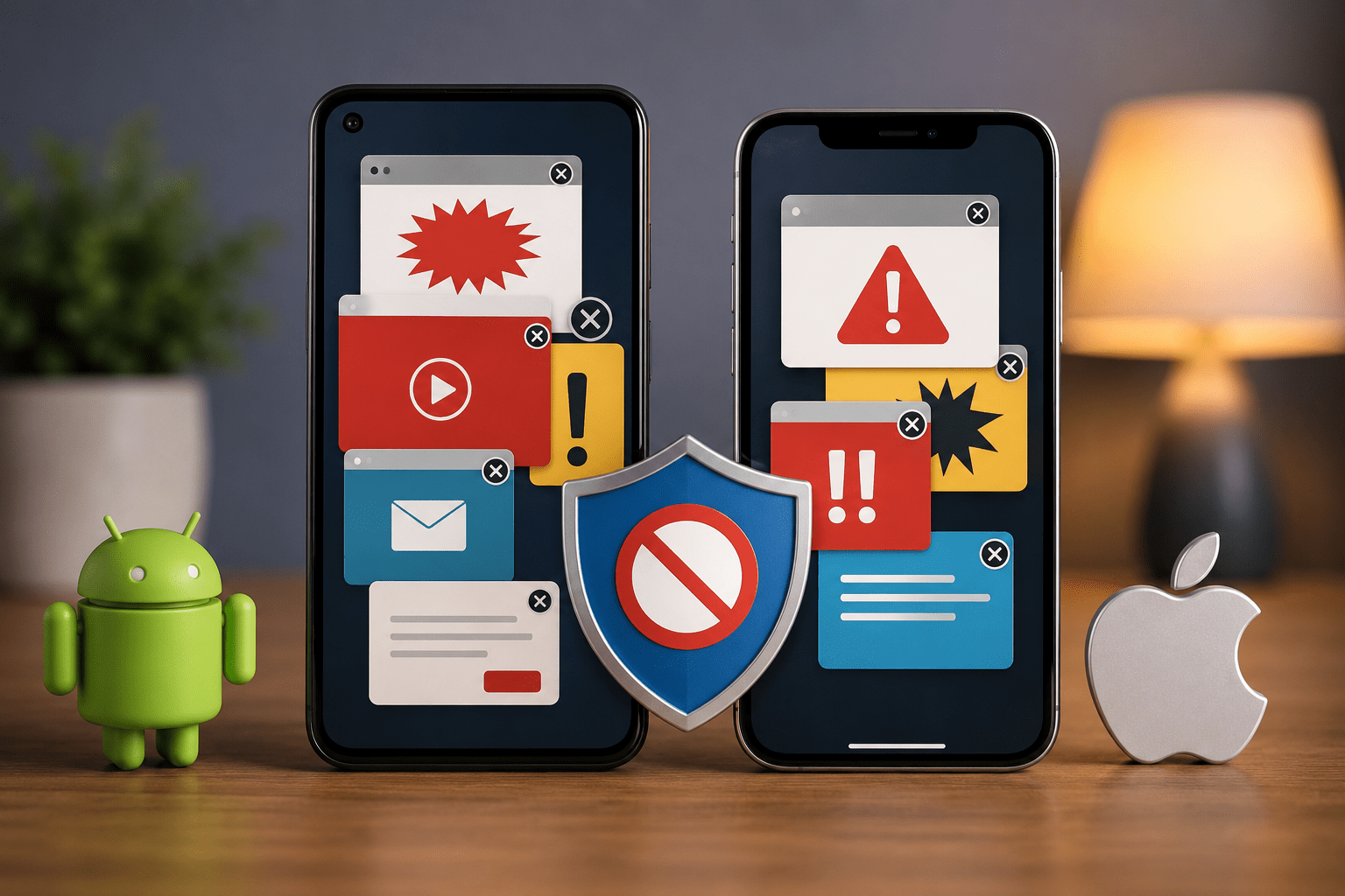 Pametni telefoni sa reklamama na ekranu i zaštitnim štitom koji simbolizuje uklanjanje reklama na Android i iPhone uređajima.