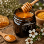 Manuka med u staklenoj tegli sa drvenom kašičicom, saće i cvetovi manuke – originalni Manuka med sa Novog Zelanda.
