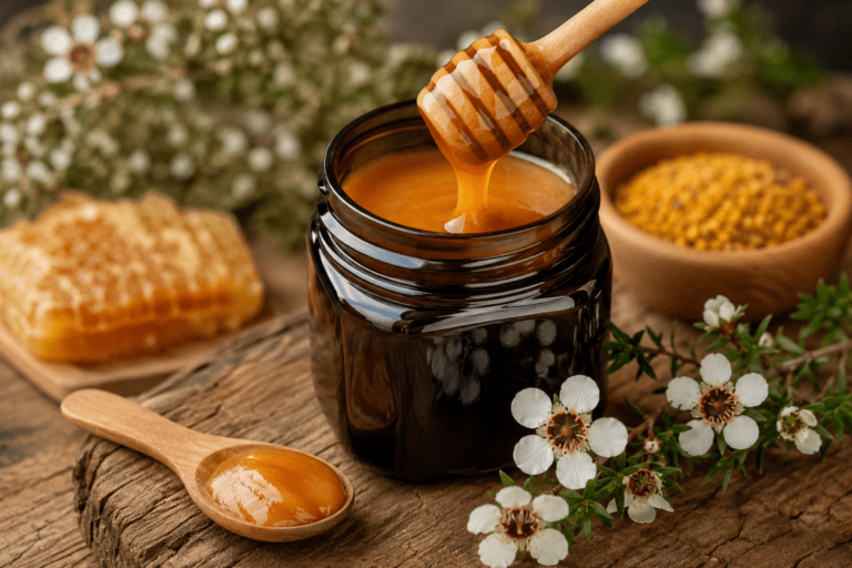 Manuka med u staklenoj tegli sa drvenom kašičicom, saće i cvetovi manuke – originalni Manuka med sa Novog Zelanda.