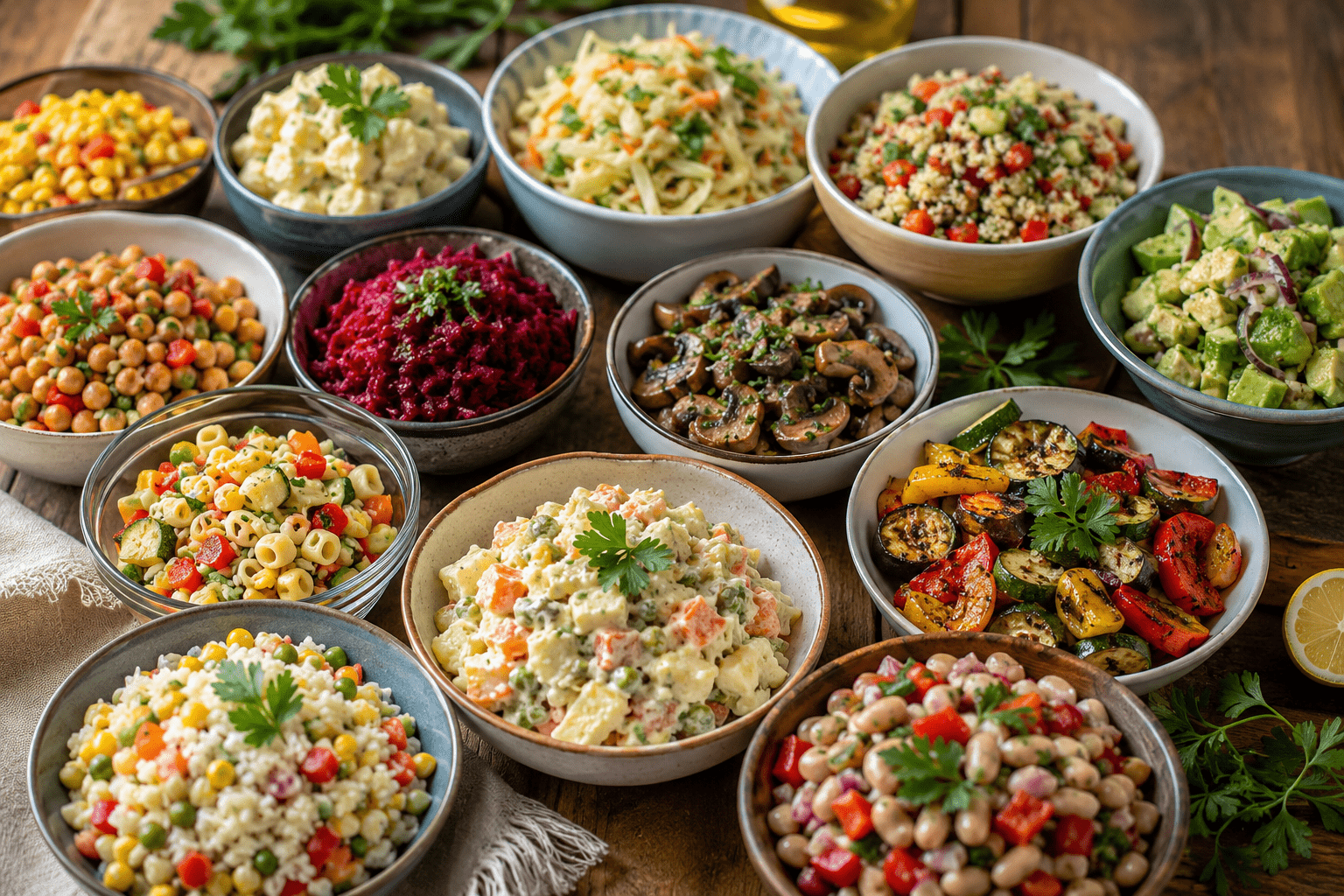 Posne salate na prazničnoj trpezi – ruska salata, salata sa pasuljem, cveklom, pirinčem, pečurkama i drugim povrćem